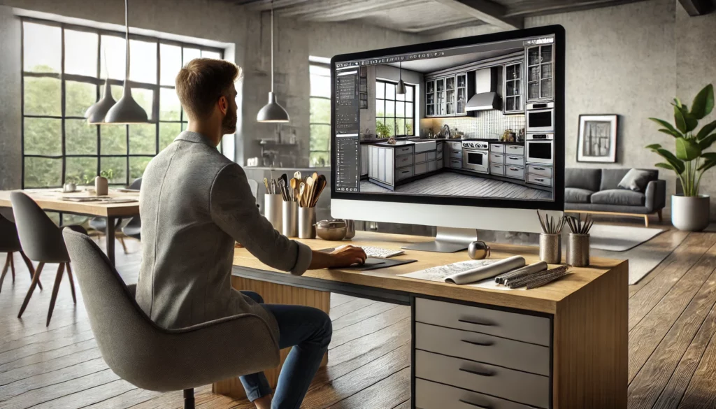 DALL·E 2024-12-02 16.32.56 - A designer working on a 3D kitchen rendering on a modern computer. The scene shows the designer seated at a sleek desk with a large computer monitor d