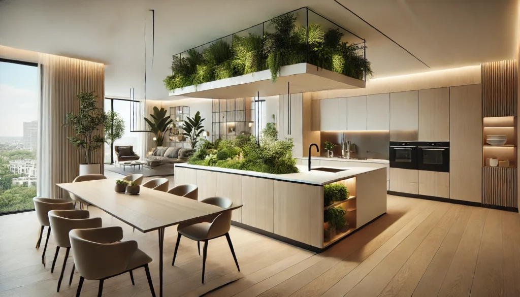 DALL·E 2024-12-02 17.50.27 - A modern and elegant kitchen with a sleek design featuring an island at the center. The island includes an integrated planter with fresh greenery and