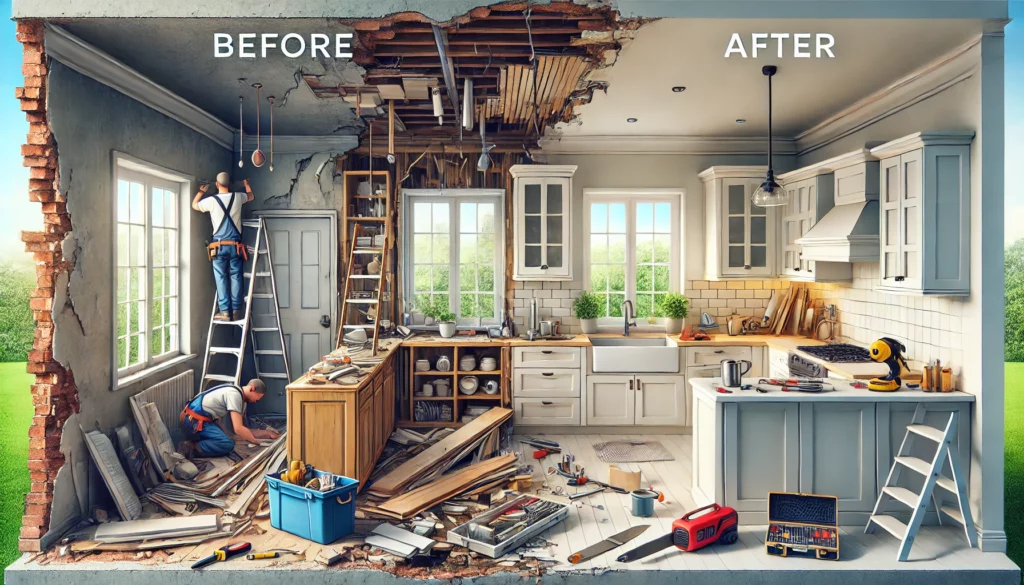 DALL·E 2024-12-02 18.00.19 - An illustration of a full renovation process for a kitchen, showcasing a 'before and after' concept. On one side, a demolished kitchen space with tool